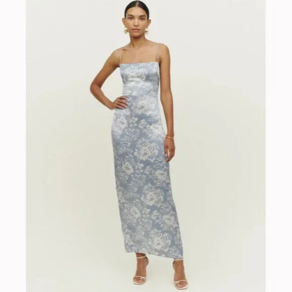 princess polly baby blue dress Reformation | Dresses | Nwot Reformation Frankie Silk Dress In Porcelain  Blue White Floral Print